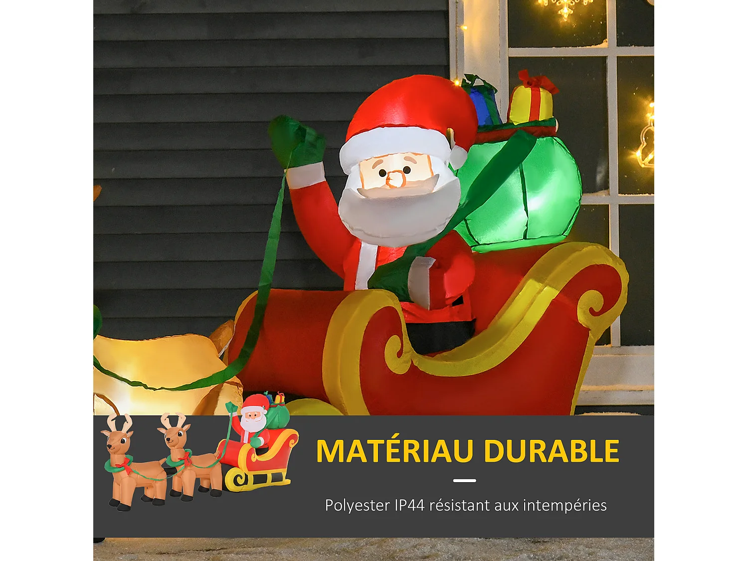 Père Noël gonflable LED dim. 240L x 57l x 112H cm avec traîneau, rennes, hotte 6 LED polyester imperméable