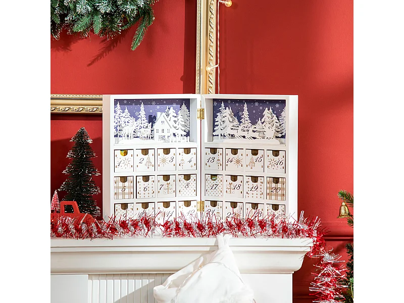 Calendrier de l'Avent village de Noël pliable  - 24 tiroirs - décoration de Noël - contreplaqué blanc