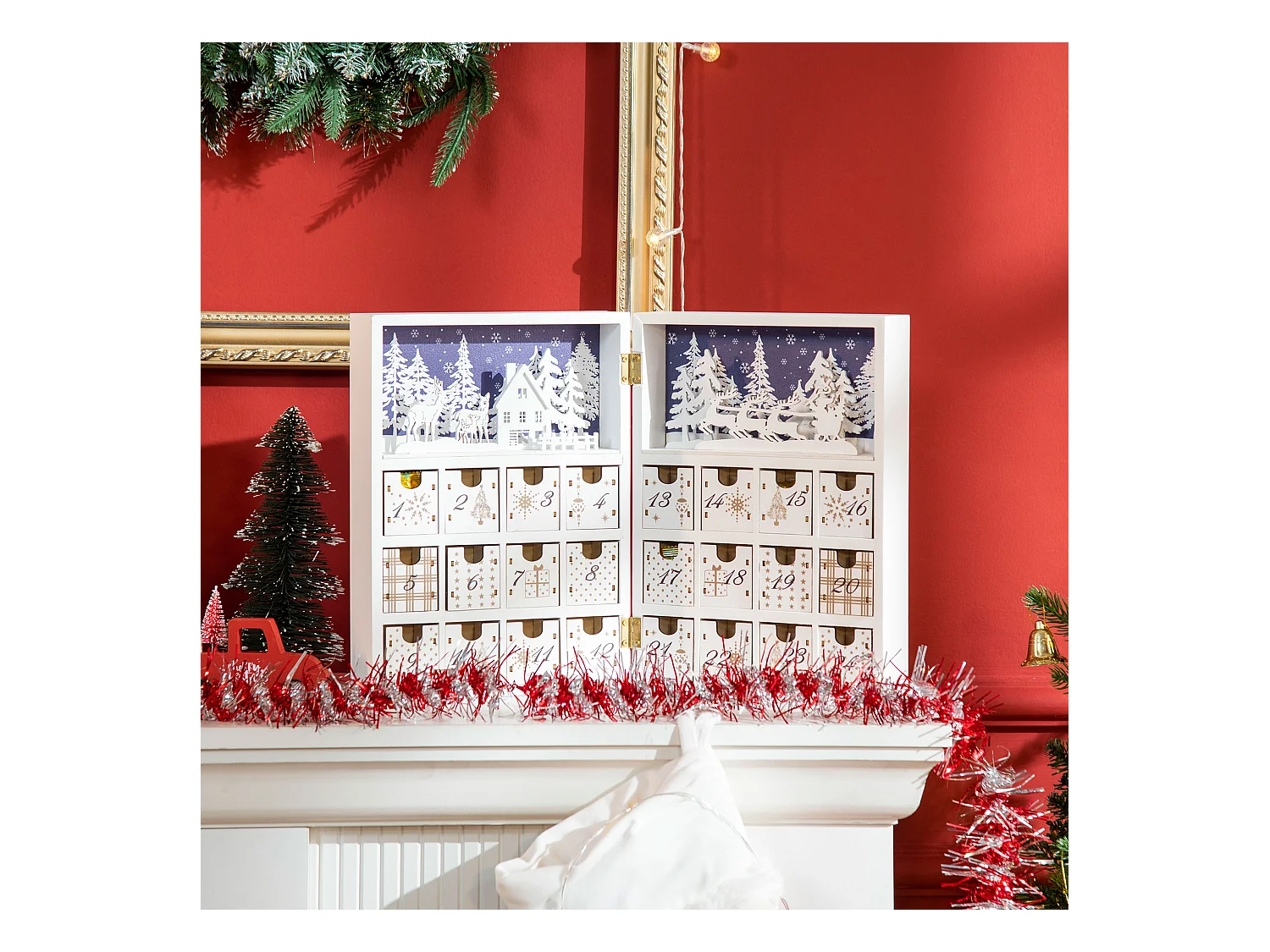Calendrier de l'Avent village de Noël pliable  - 24 tiroirs - décoration de Noël - contreplaqué blanc