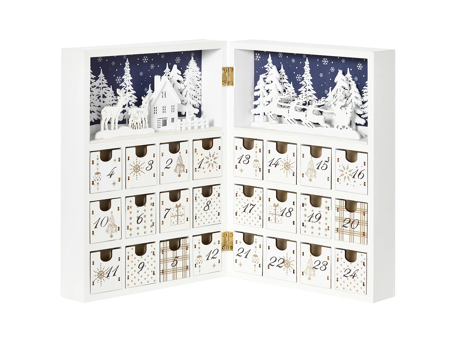 Calendrier de l'Avent village de Noël pliable  - 24 tiroirs - décoration de Noël - contreplaqué blanc