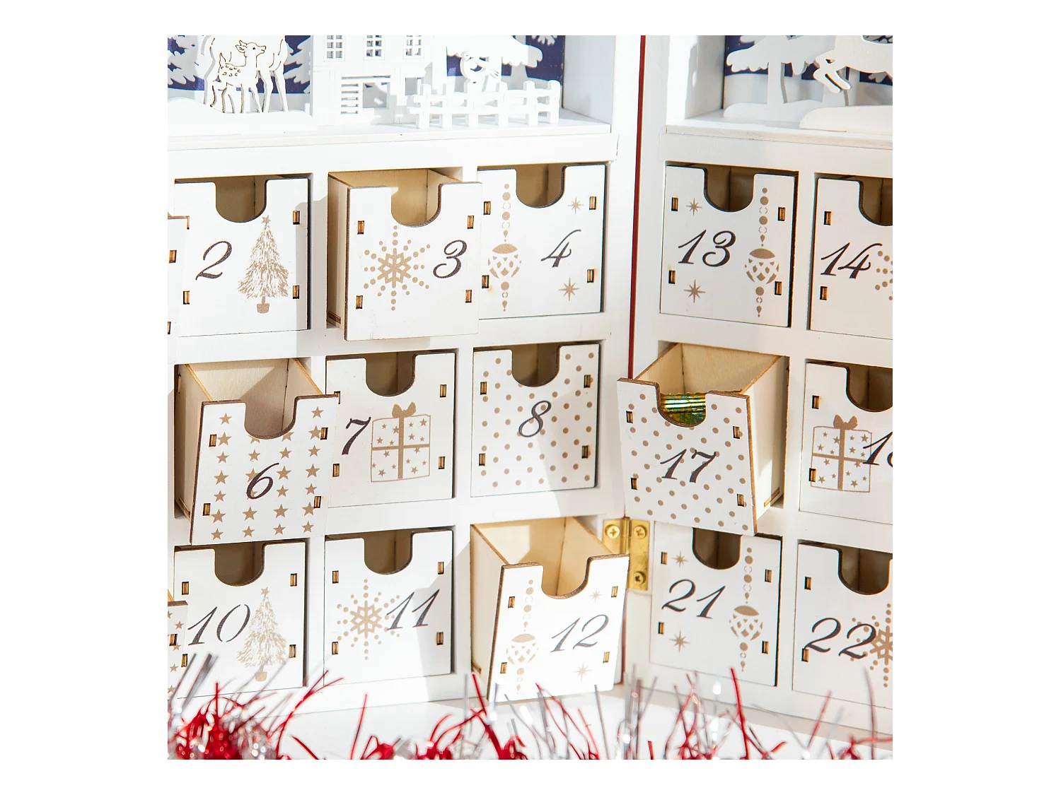 Calendrier de l'Avent village de Noël pliable  - 24 tiroirs - décoration de Noël - contreplaqué blanc