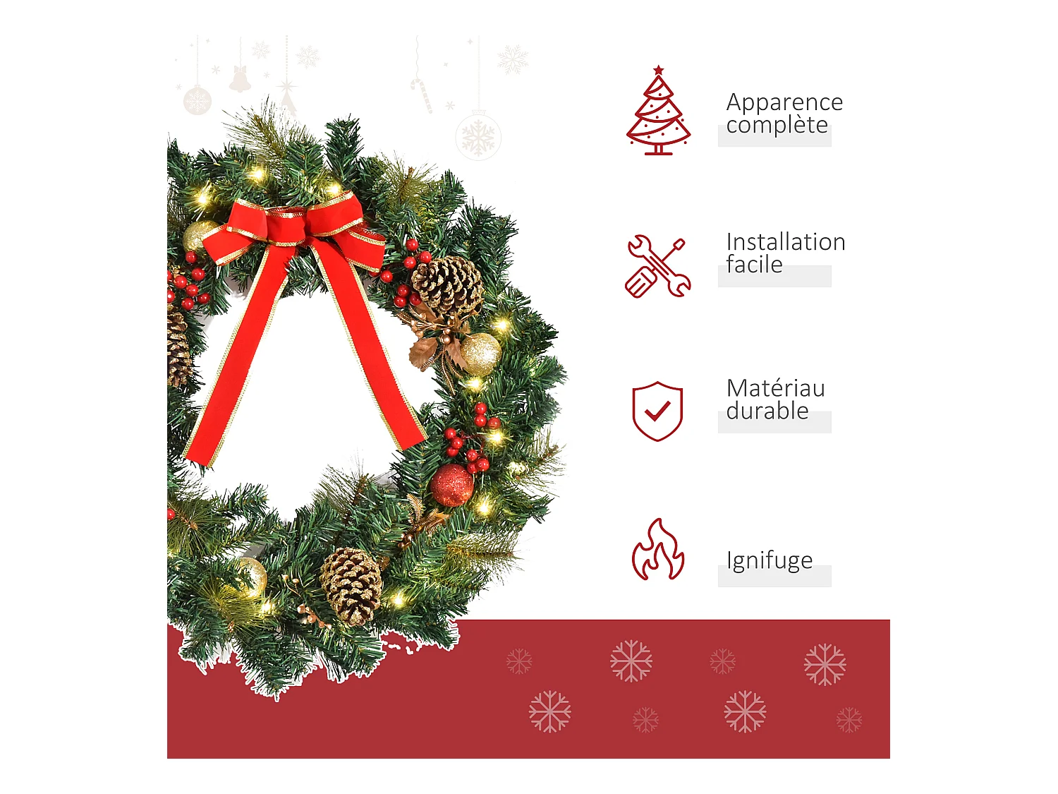 Couronne de Noël artificielle lumineuse - Décoration de Noël LED - Ø 60 cm 20 LED blanc chaud - décoration incluse