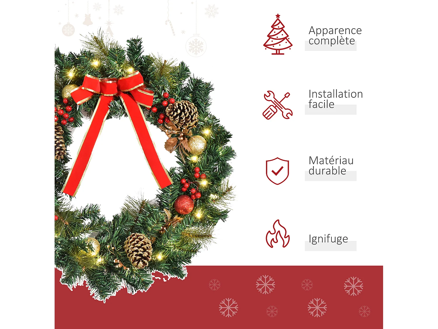 Couronne de Noël artificielle lumineuse - Décoration de Noël LED - Ø 60 cm 20 LED blanc chaud - décoration incluse