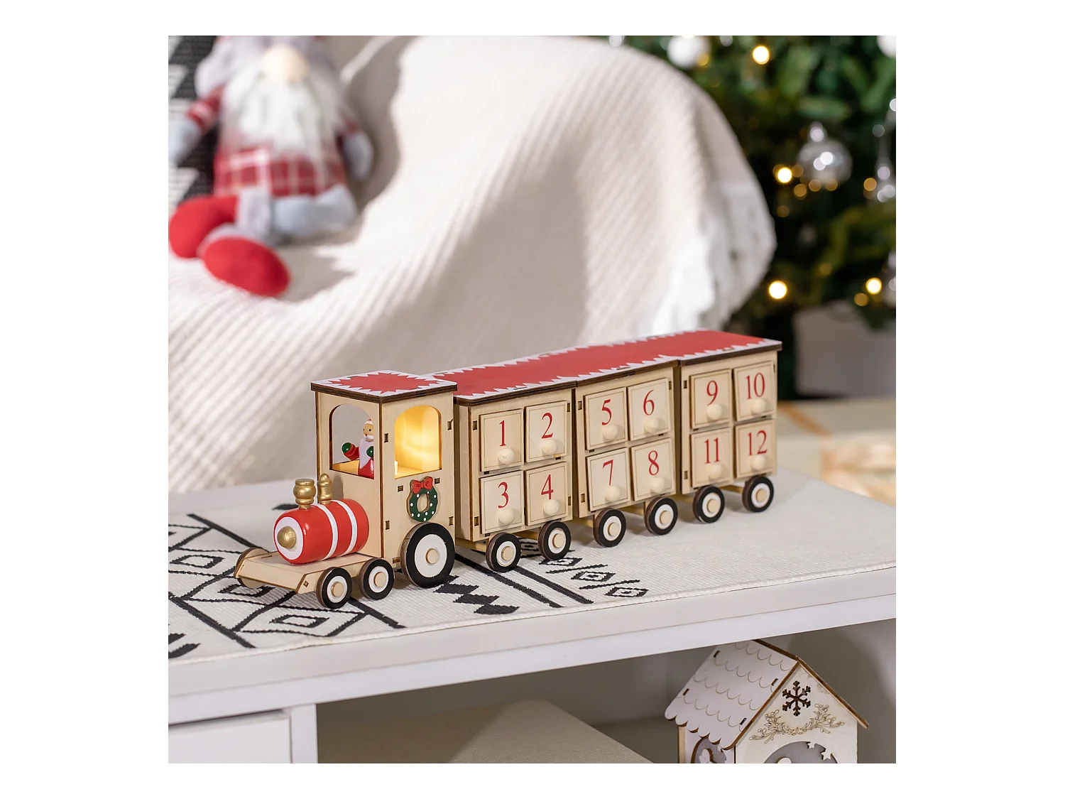 Calendrier de l'Avent LED train - lumière LED blanc chaud - 24 tiroirs - décoration lumineuse de Noël - contreplaqué beige rouge