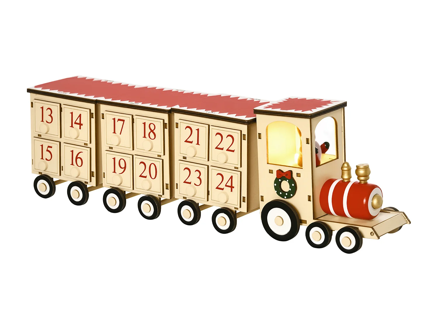 Calendrier de l'Avent LED train - lumière LED blanc chaud - 24 tiroirs - décoration lumineuse de Noël - contreplaqué beige rouge