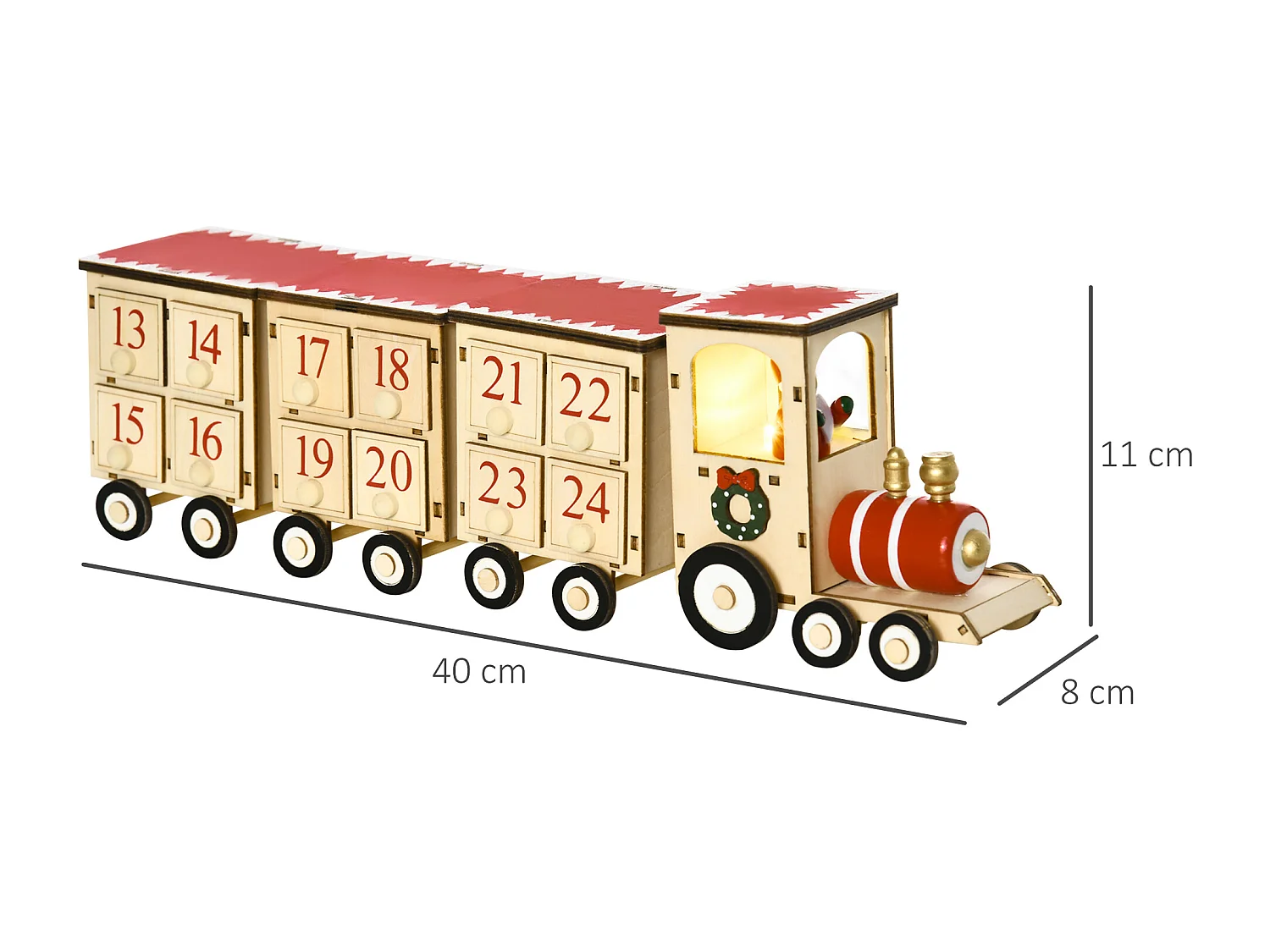 Calendrier de l'Avent LED train - lumière LED blanc chaud - 24 tiroirs - décoration lumineuse de Noël - contreplaqué beige rouge