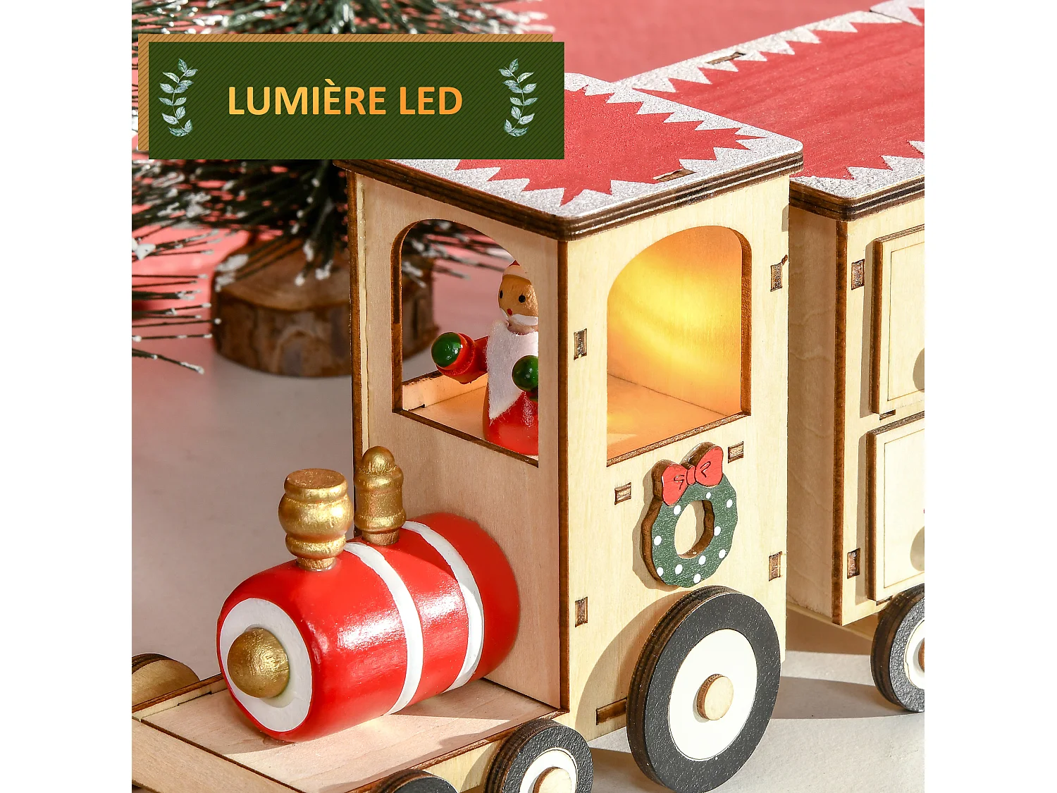 Calendrier de l'Avent LED train - lumière LED blanc chaud - 24 tiroirs - décoration lumineuse de Noël - contreplaqué beige rouge