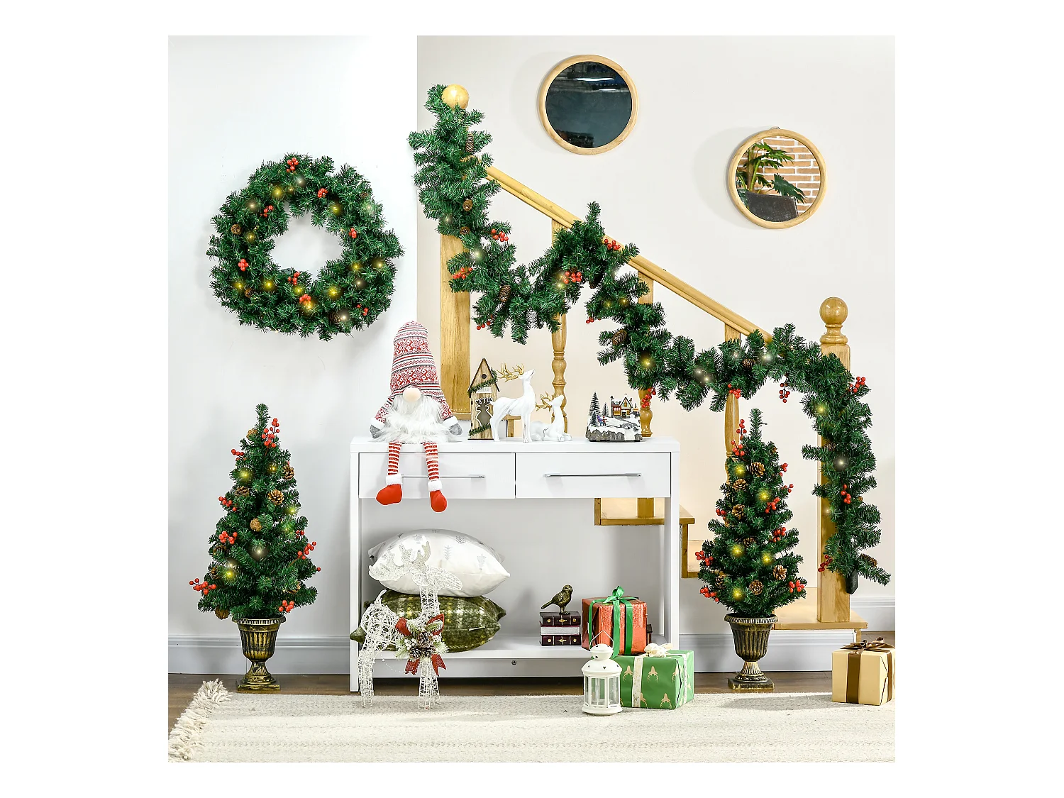Lot de 4 pièces - décorations de Noël lumineuses LED - couronne, guirlande, 2 sapins avec pots et accessoires - vert