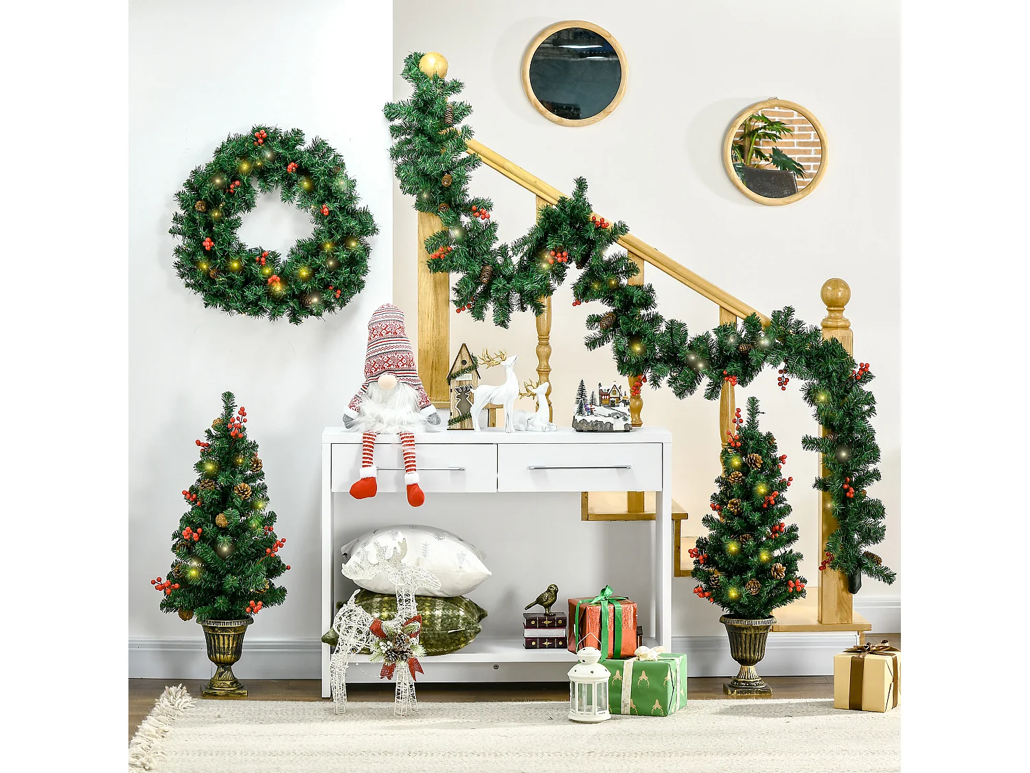 Lot de 4 pièces - décorations de Noël lumineuses LED - couronne, guirlande, 2 sapins avec pots et accessoires - vert