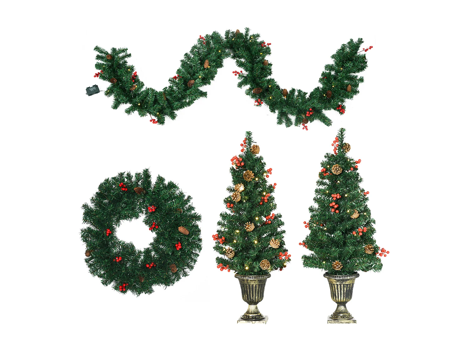 Lot de 4 pièces - décorations de Noël lumineuses LED - couronne, guirlande, 2 sapins avec pots et accessoires - vert