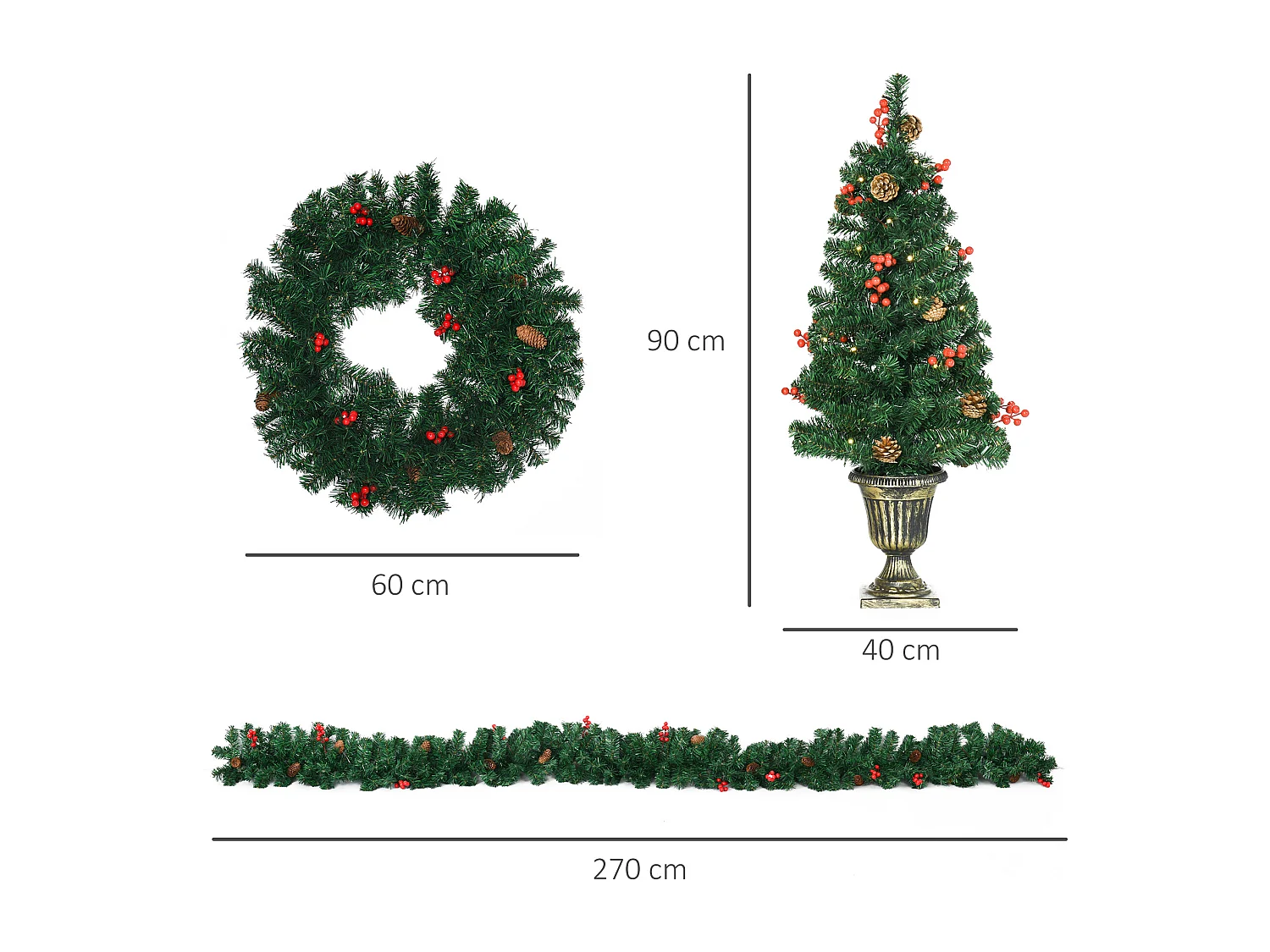 Lot de 4 pièces - décorations de Noël lumineuses LED - couronne, guirlande, 2 sapins avec pots et accessoires - vert