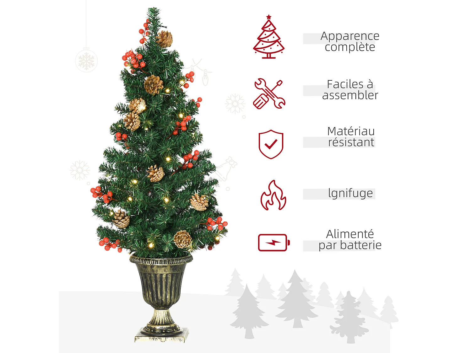 Lot de 4 pièces - décorations de Noël lumineuses LED - couronne, guirlande, 2 sapins avec pots et accessoires - vert