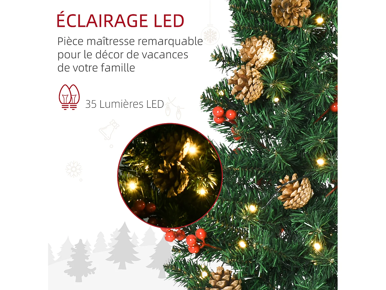 Lot de 4 pièces - décorations de Noël lumineuses LED - couronne, guirlande, 2 sapins avec pots et accessoires - vert