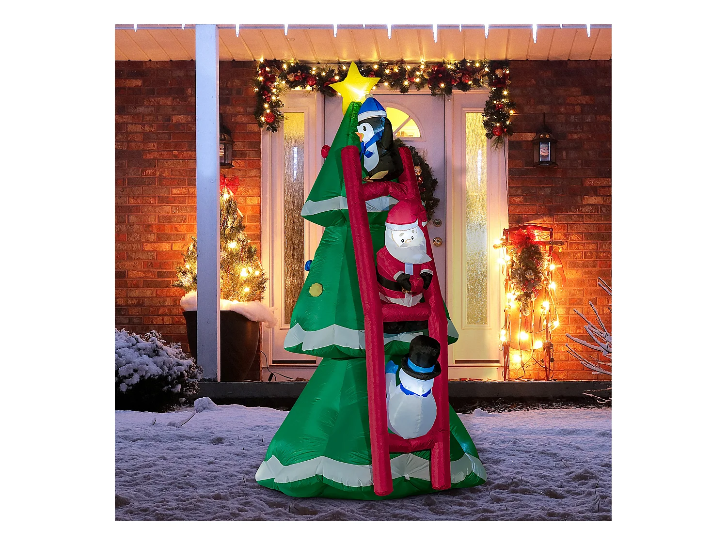 Décoration gonflable LED de Noël 2,47H m - sapin de Noël enneigé décoré avec échelle personnages - polyester imperméable