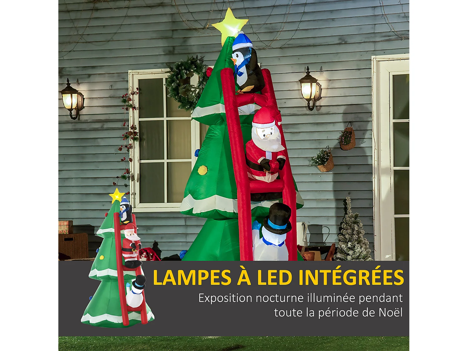 Décoration gonflable LED de Noël 2,47H m - sapin de Noël enneigé décoré avec échelle personnages - polyester imperméable
