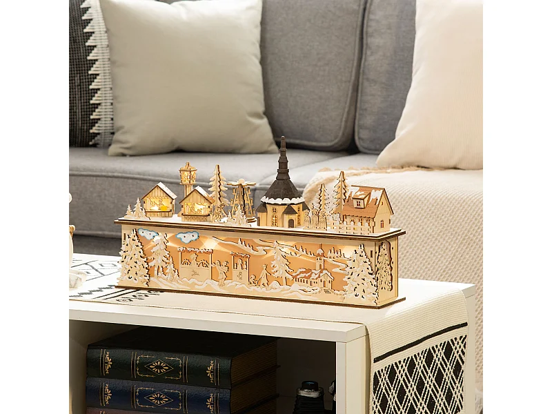 Village de Noël lumineux avec église, maisons, personnages - décoration lumineuse de Noël - 10 lumières LED blanc chaud - contreplaqué