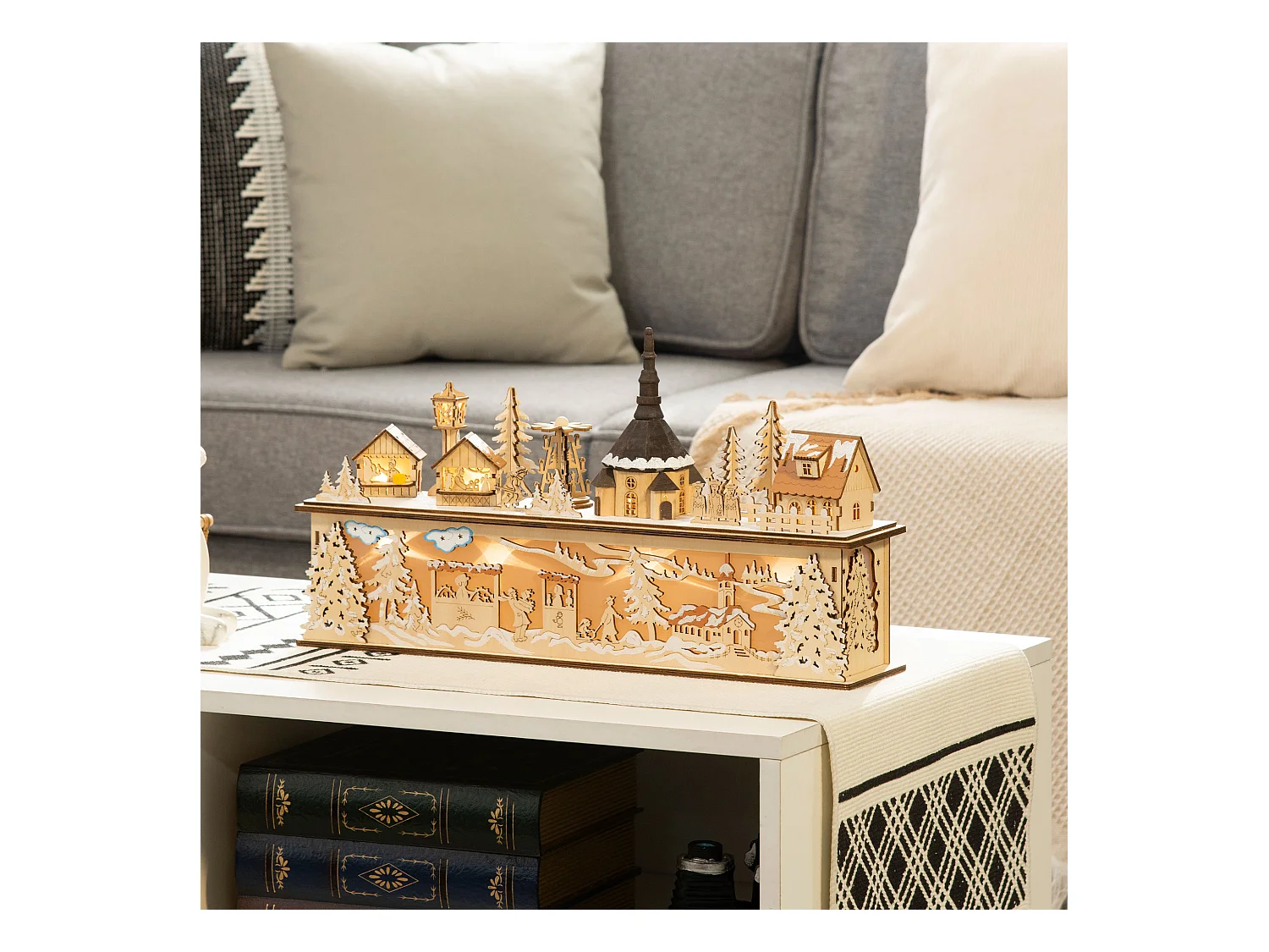 Village de Noël lumineux avec église, maisons, personnages - décoration lumineuse de Noël - 10 lumières LED blanc chaud - contreplaqué