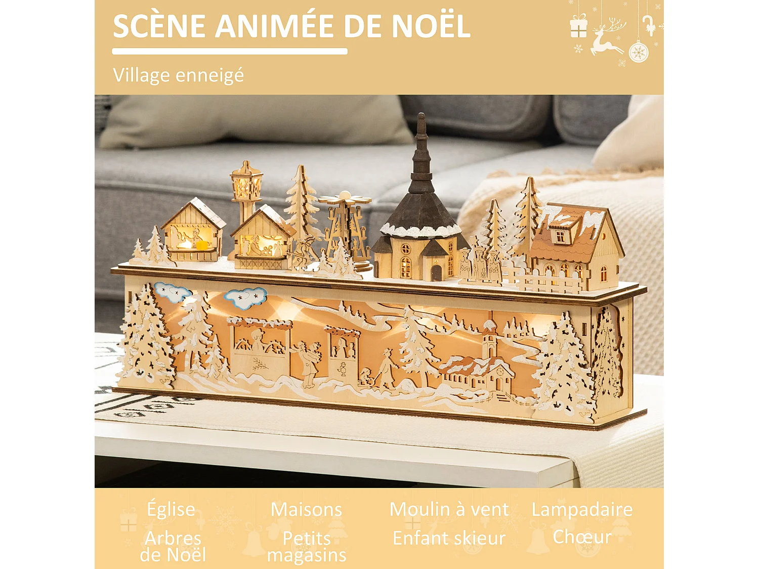 Village de Noël lumineux avec église, maisons, personnages - décoration lumineuse de Noël - 10 lumières LED blanc chaud - contreplaqué