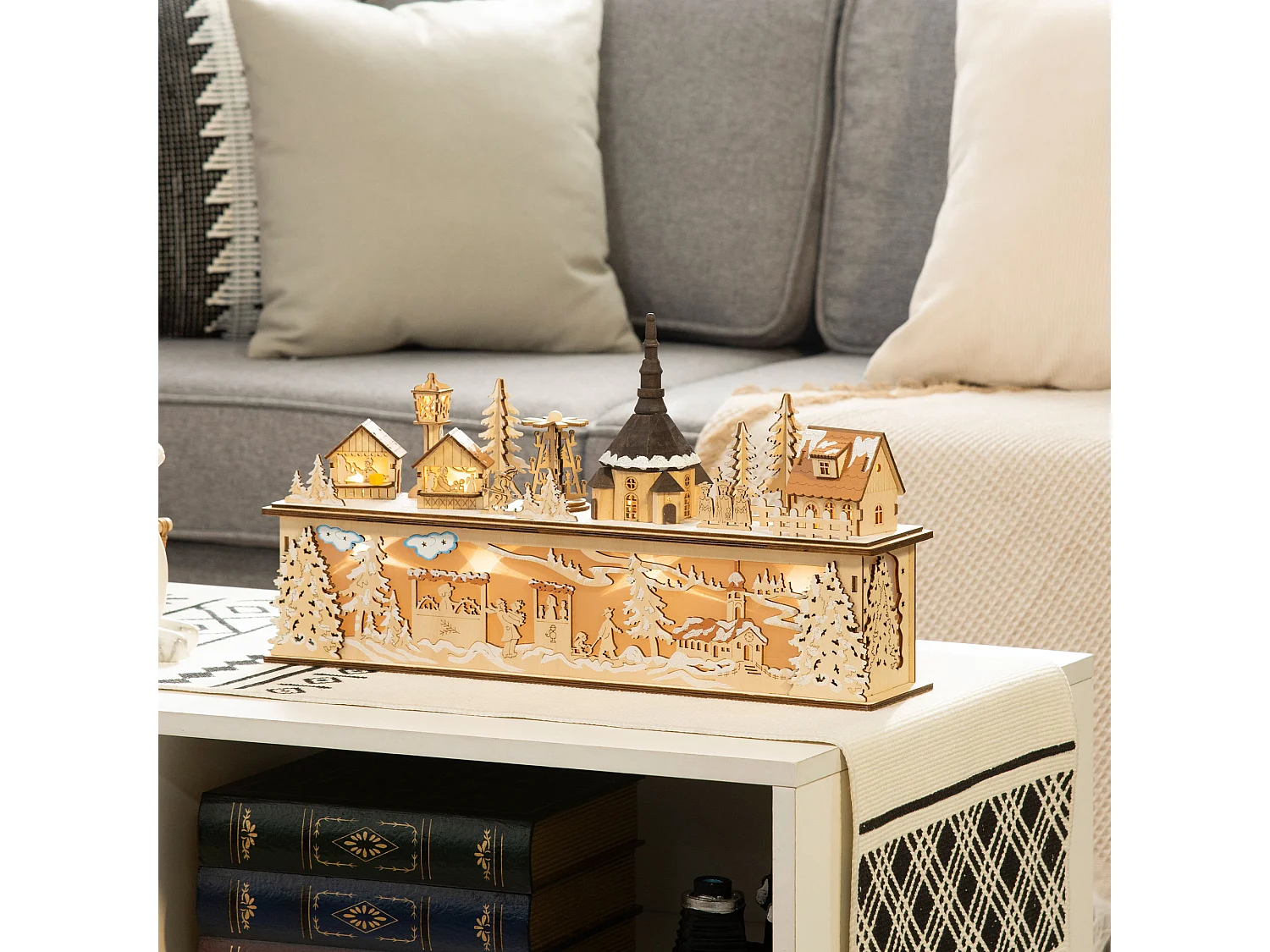 Village de Noël lumineux avec église, maisons, personnages - décoration lumineuse de Noël - 10 lumières LED blanc chaud - contreplaqué