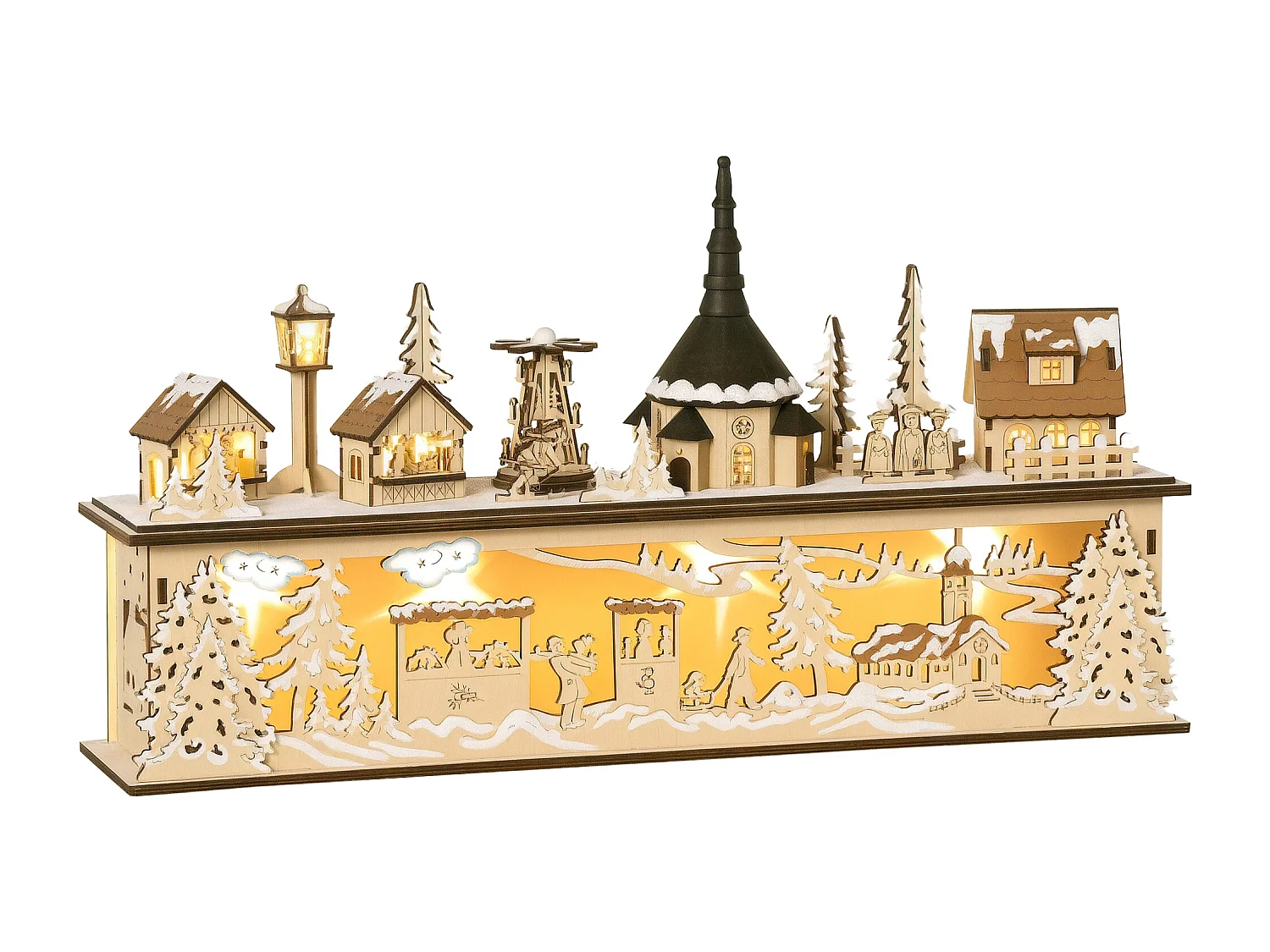 Village de Noël lumineux avec église, maisons, personnages - décoration lumineuse de Noël - 10 lumières LED blanc chaud - contreplaqué