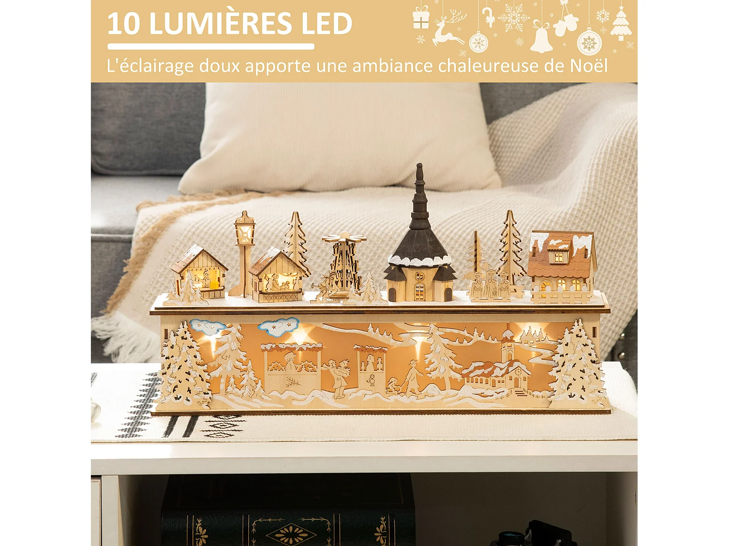 Village de Noël lumineux avec église, maisons, personnages - décoration lumineuse de Noël - 10 lumières LED blanc chaud - contreplaqué