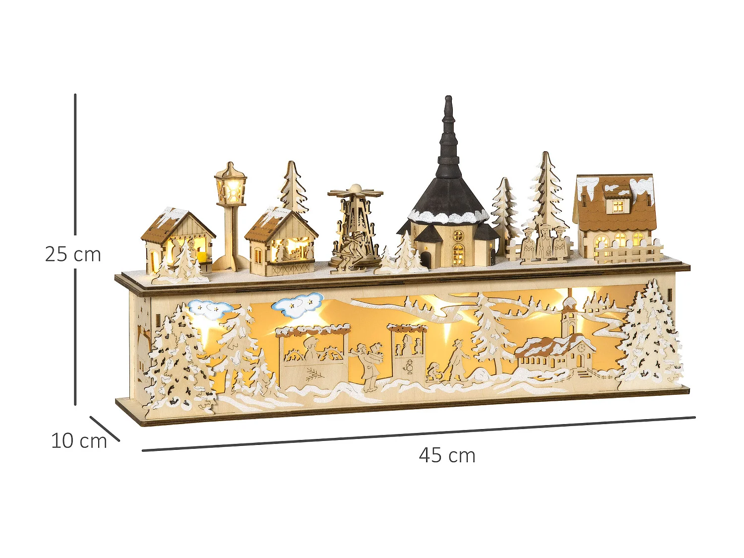 Village de Noël lumineux avec église, maisons, personnages - décoration lumineuse de Noël - 10 lumières LED blanc chaud - contreplaqué