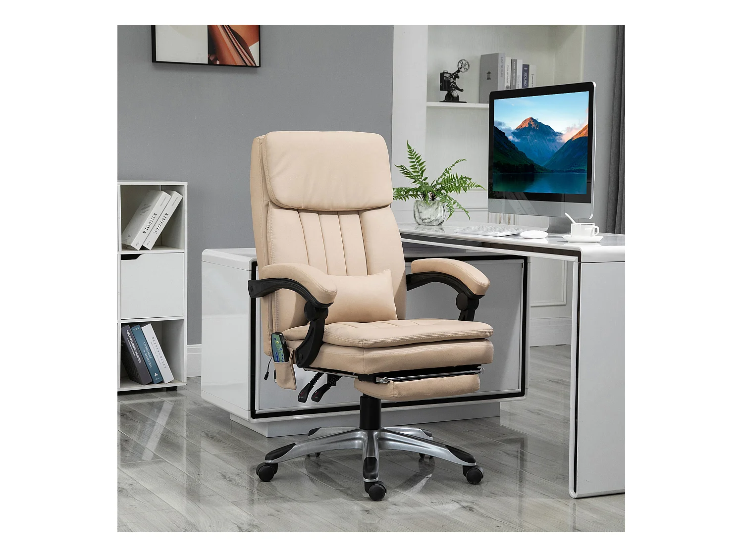 Vinsetto Fauteuil de bureau direction massant hauteur réglable dossier inclinable repose-pied coussin lombaires revêtement synthétique beige