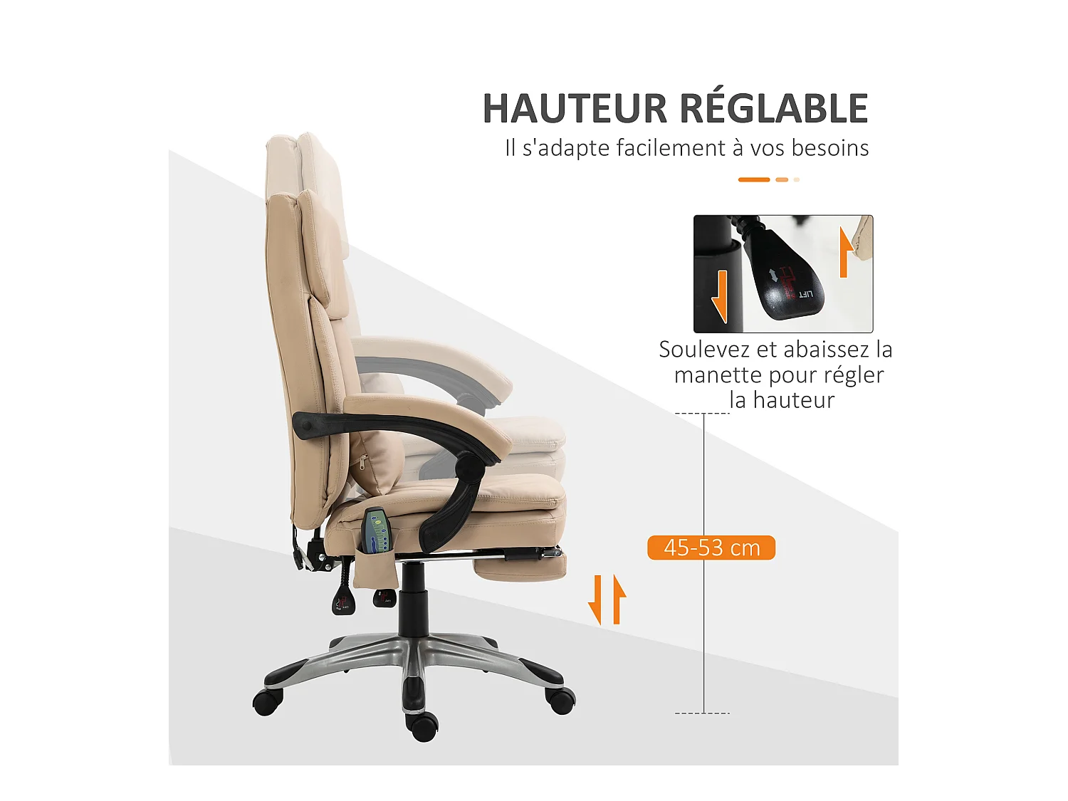 Vinsetto Fauteuil de bureau direction massant hauteur réglable dossier inclinable repose-pied coussin lombaires revêtement synthétique beige