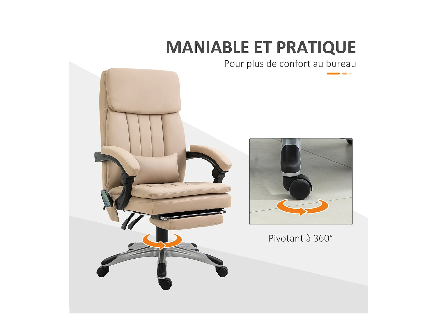 Vinsetto Fauteuil de bureau direction massant hauteur réglable dossier inclinable repose-pied coussin lombaires revêtement synthétique beige