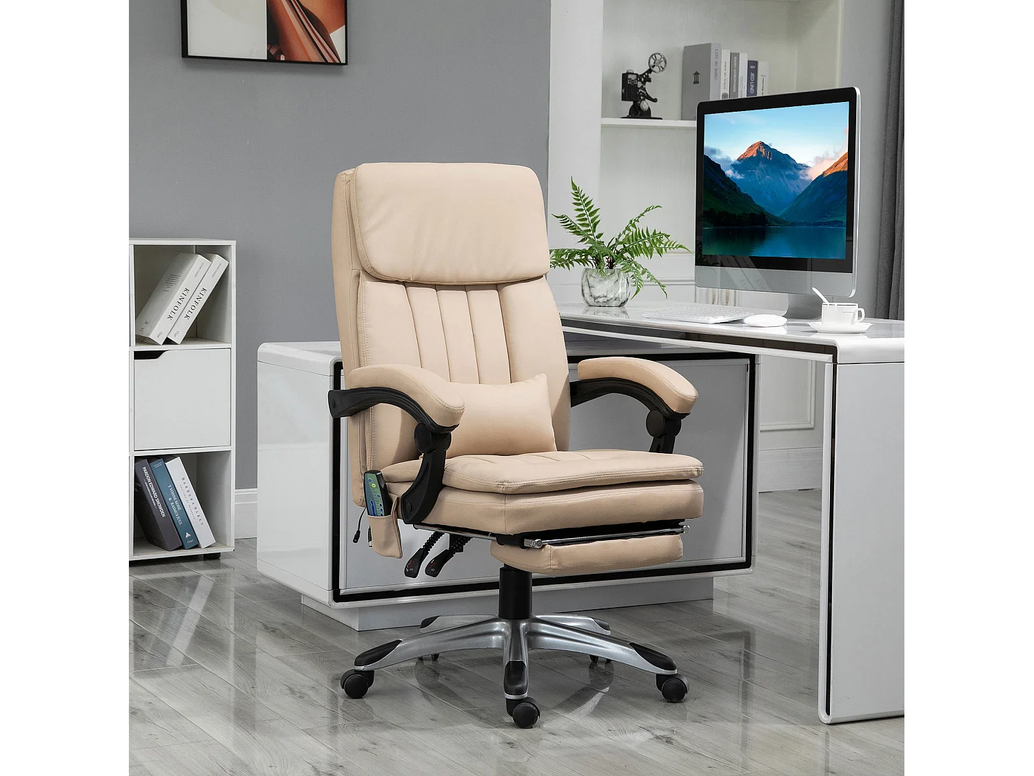 Vinsetto Fauteuil de bureau direction massant hauteur réglable dossier inclinable repose-pied coussin lombaires revêtement synthétique beige