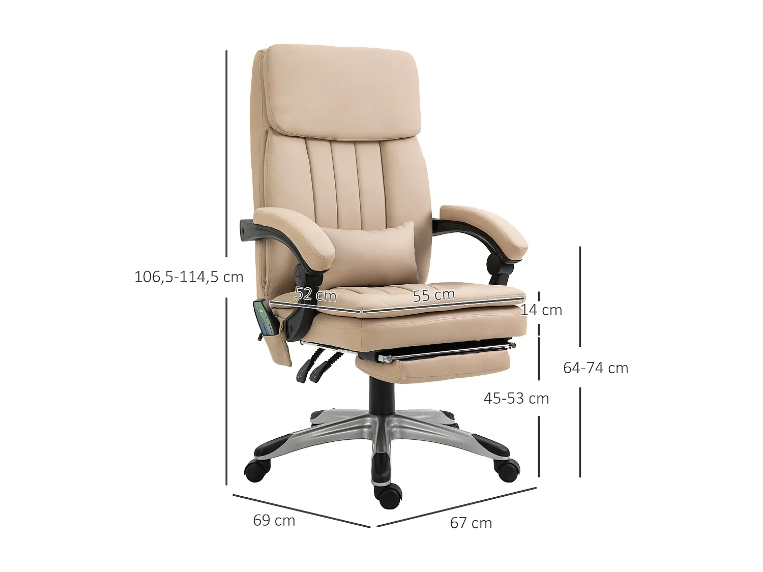 Vinsetto Fauteuil de bureau direction massant hauteur réglable dossier inclinable repose-pied coussin lombaires revêtement synthétique beige