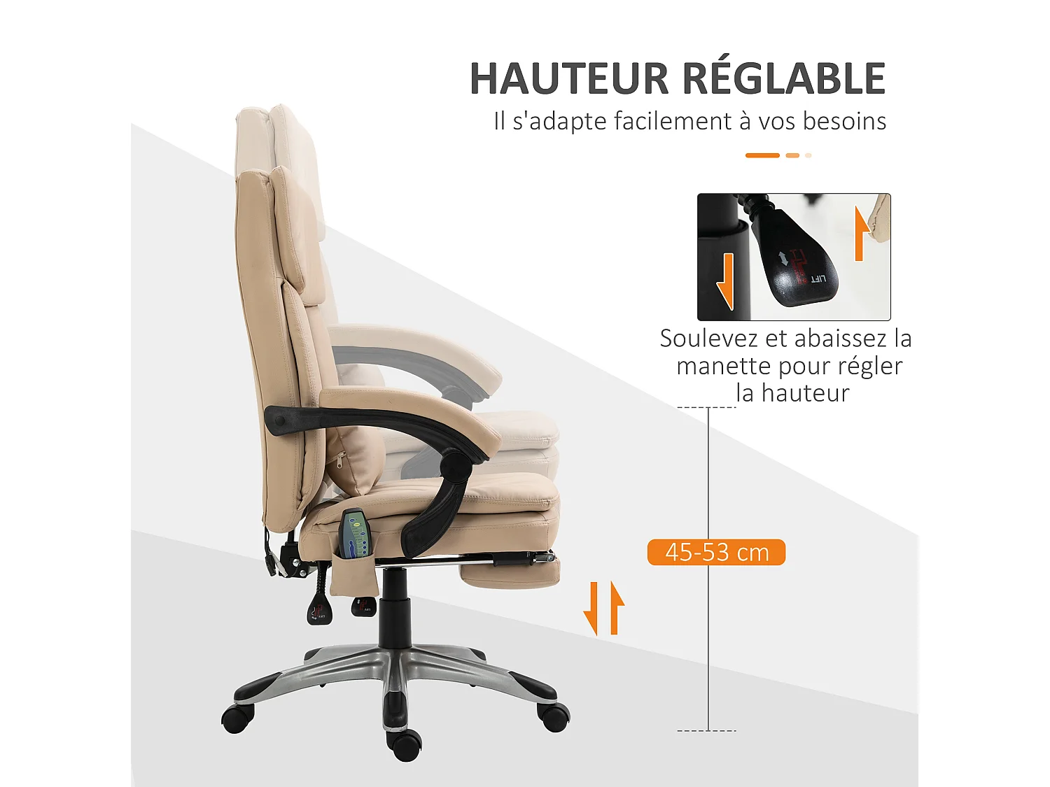 Vinsetto Fauteuil de bureau direction massant hauteur réglable dossier inclinable repose-pied coussin lombaires revêtement synthétique beige