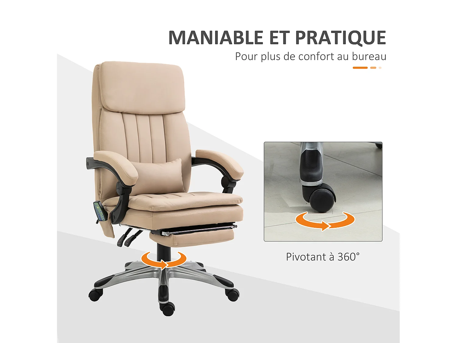 Vinsetto Fauteuil de bureau direction massant hauteur réglable dossier inclinable repose-pied coussin lombaires revêtement synthétique beige