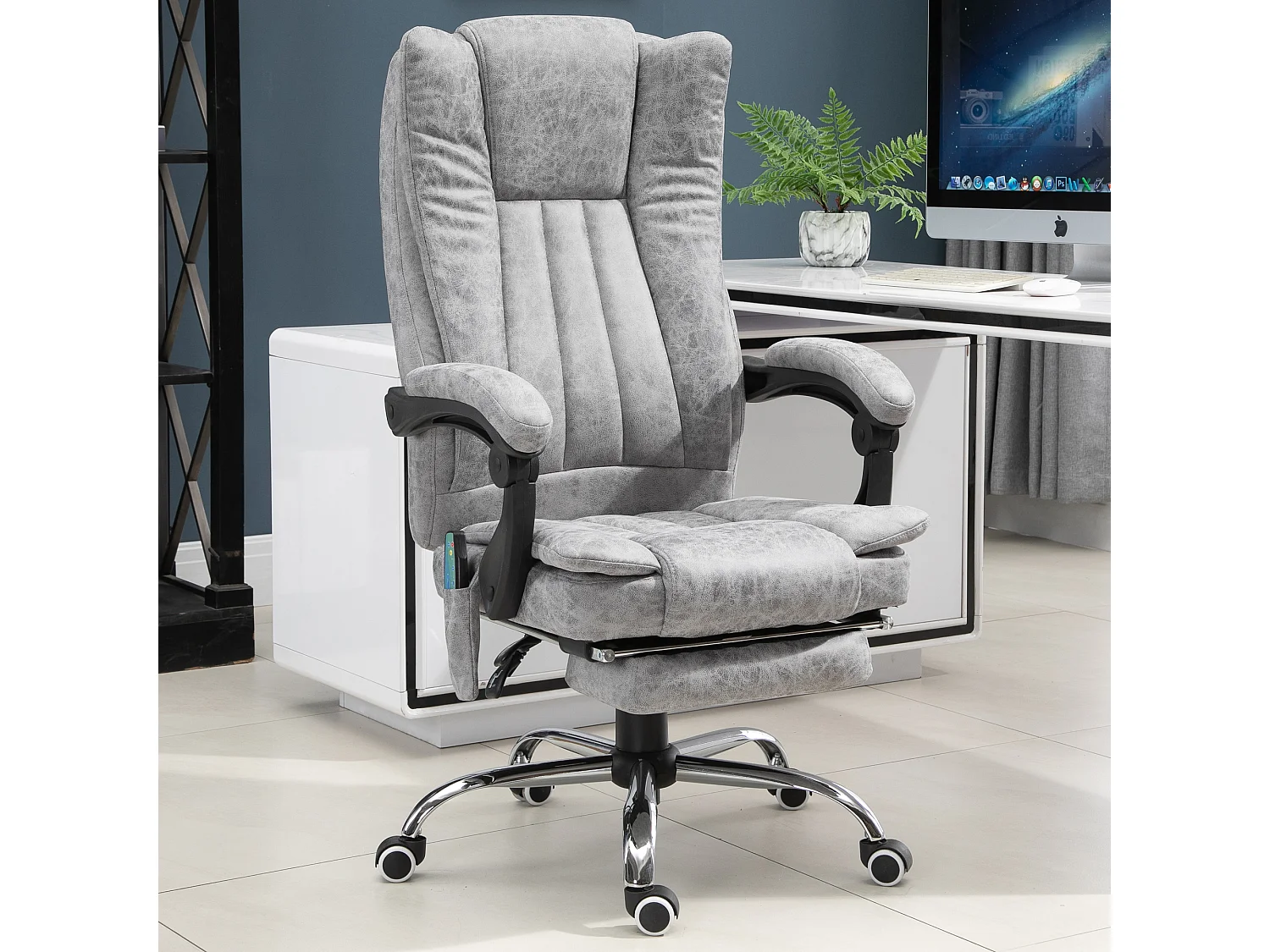 Fauteuil de bureau direction massant chauffant hauteur réglable dossier inclinable repose-pied revêtement synthétique gris