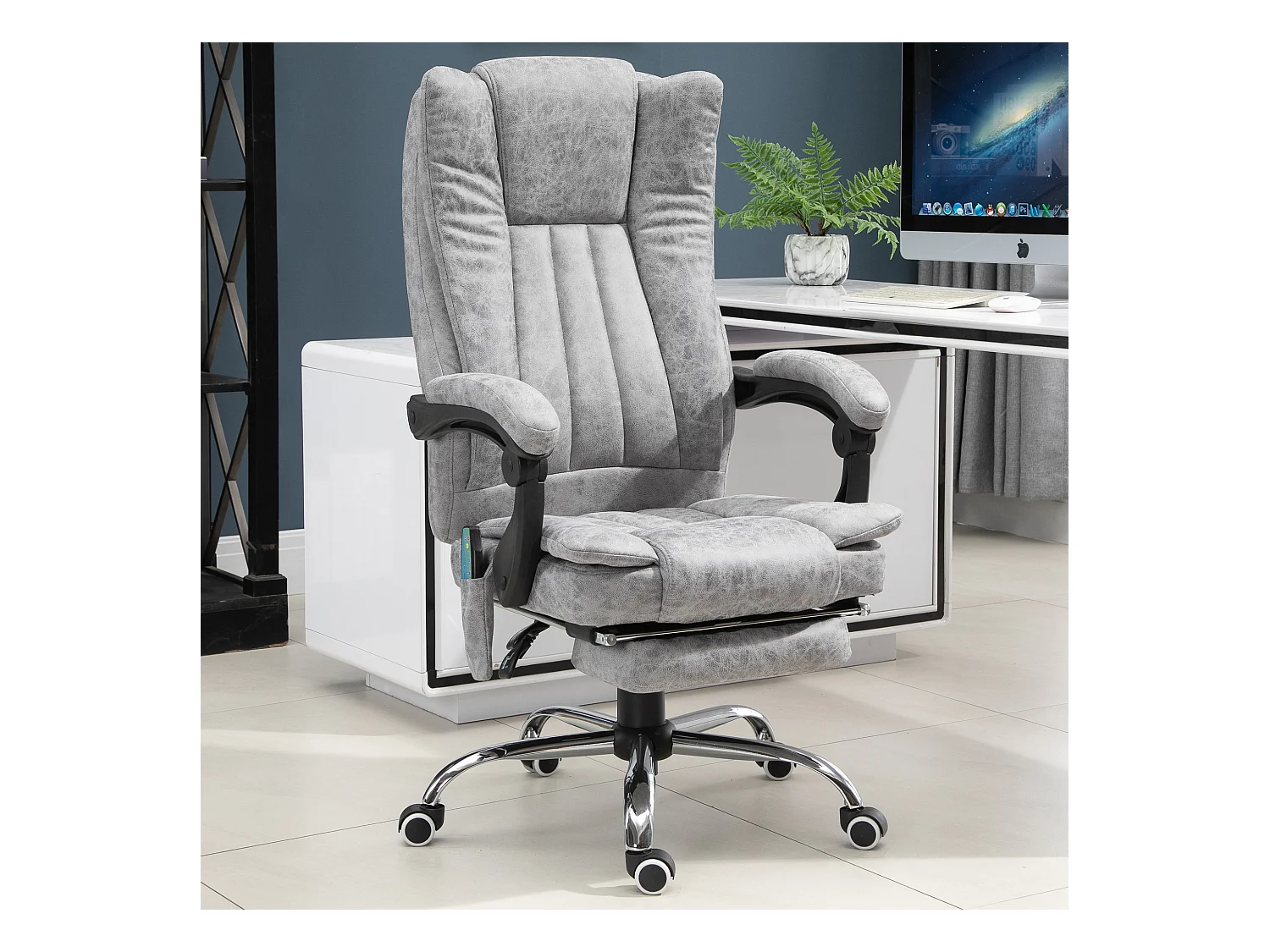 Fauteuil de bureau direction massant chauffant hauteur réglable dossier inclinable repose-pied revêtement synthétique gris