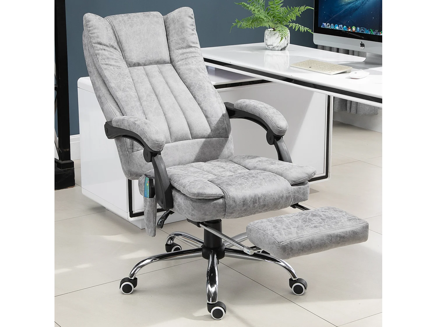 Fauteuil de bureau direction massant chauffant hauteur réglable dossier inclinable repose-pied revêtement synthétique gris