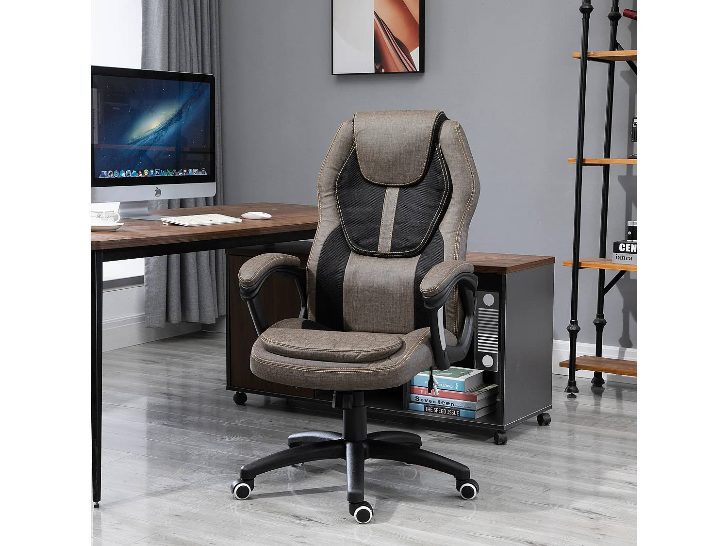 HOMCOM Fauteuil de bureau manager massant hauteur réglable pivotant 360° polyester PU gris brun surpiqûre orange