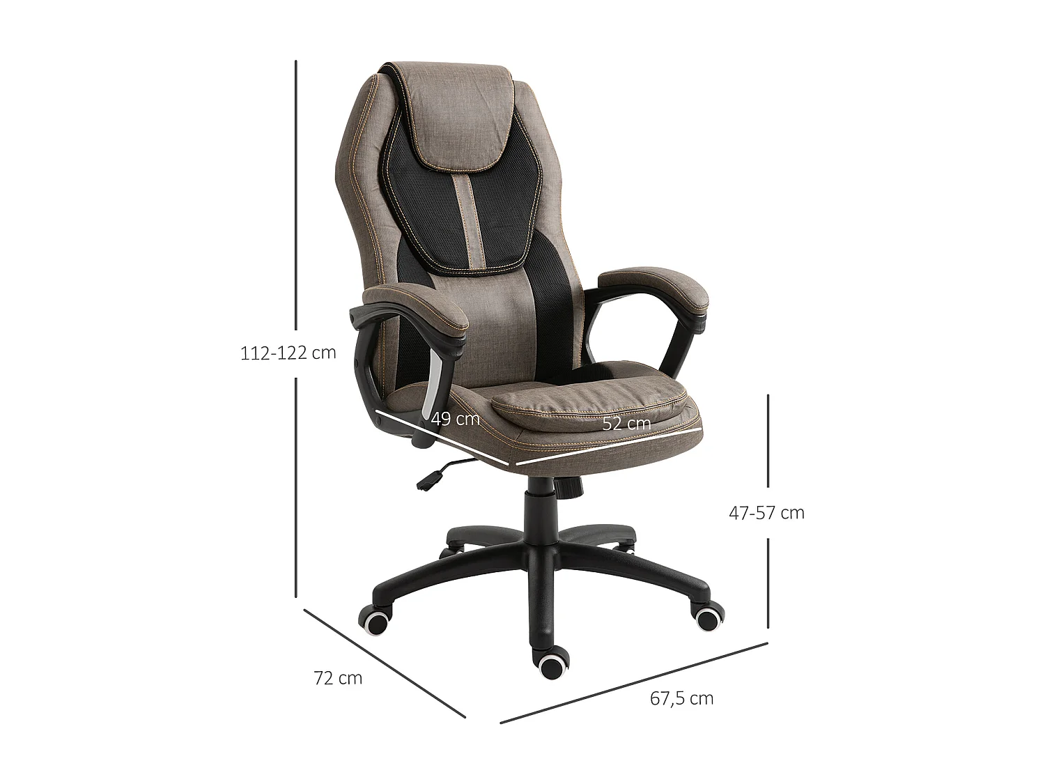 HOMCOM Fauteuil de bureau manager massant hauteur réglable pivotant 360° polyester PU gris brun surpiqûre orange