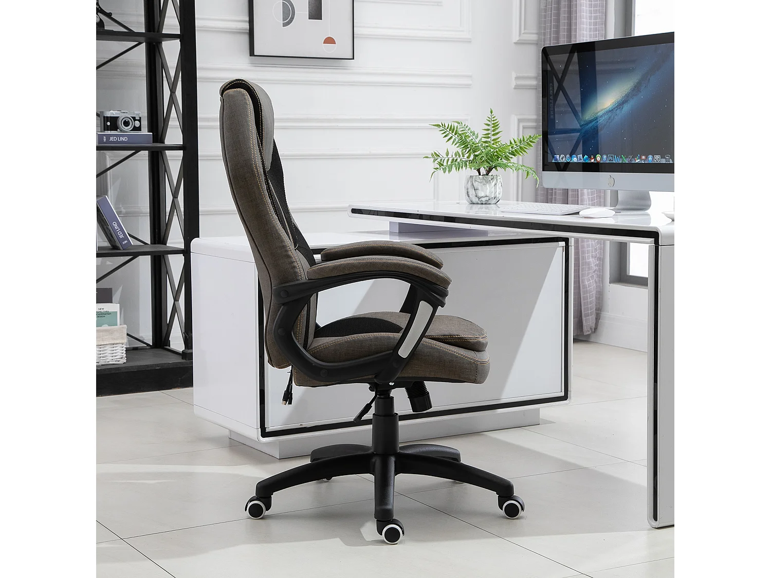 HOMCOM Fauteuil de bureau manager massant hauteur réglable pivotant 360° polyester PU gris brun surpiqûre orange