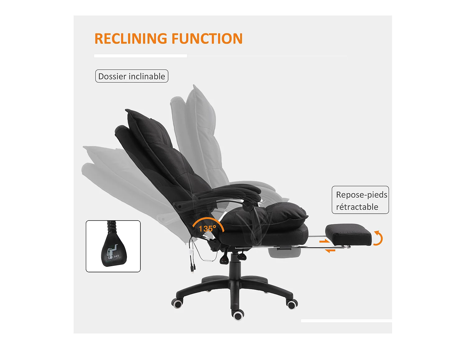 Fauteuil de bureau direction massant hauteur réglable dossier inclinable repose-pied intégré toile de lin noir