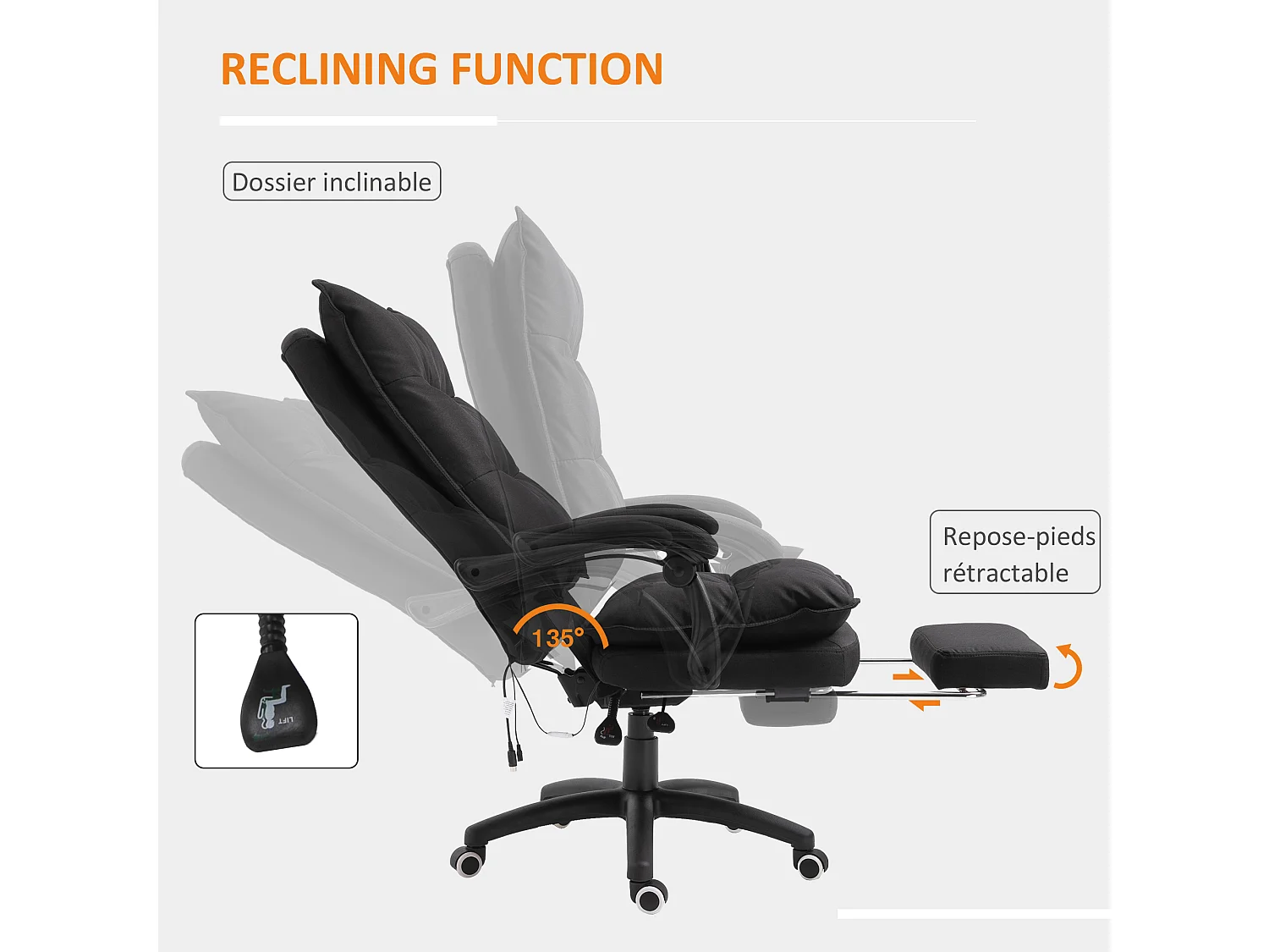 Fauteuil de bureau direction massant hauteur réglable dossier inclinable repose-pied intégré toile de lin noir