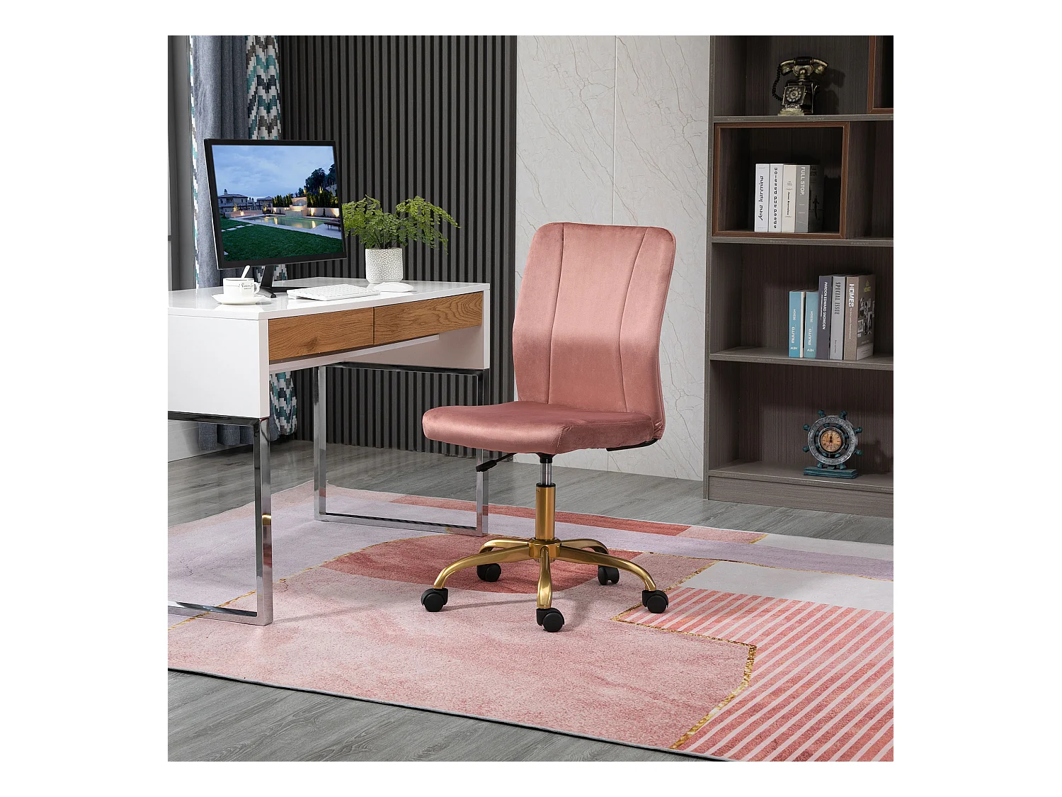 Vinsetto Chaise de bureau style Art déco hauteur réglable pivotante 360° piètement métal doré velours rose poudré