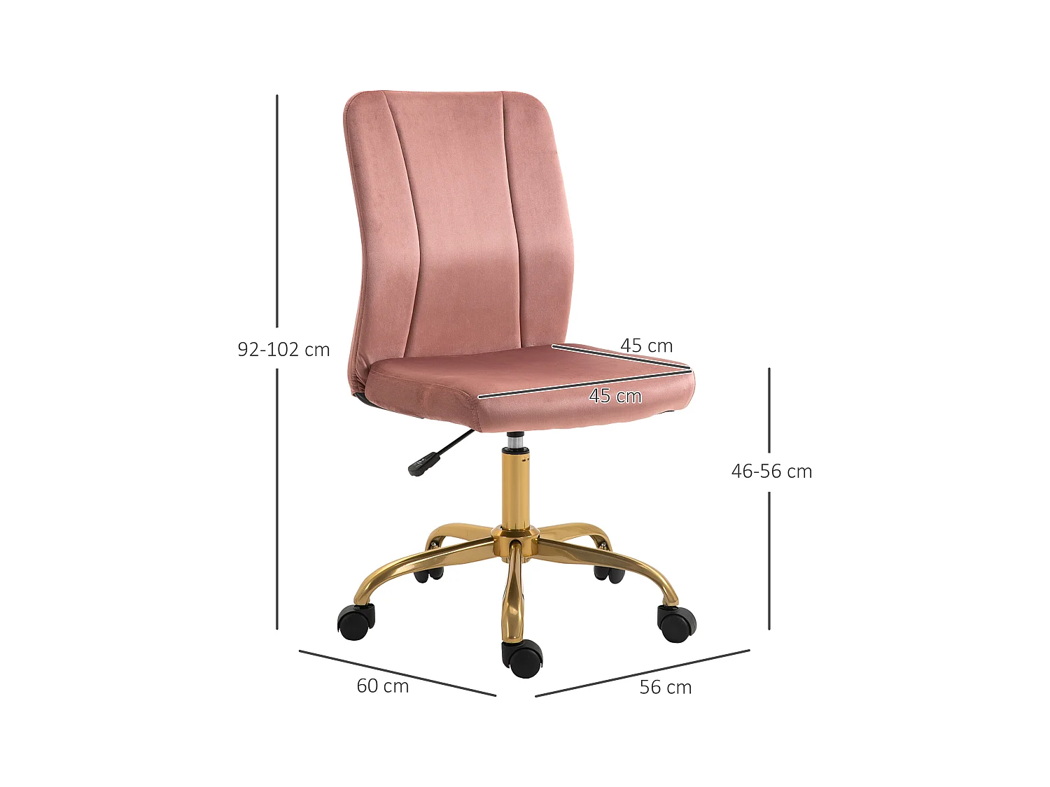 Vinsetto Chaise de bureau style Art déco hauteur réglable pivotante 360° piètement métal doré velours rose poudré