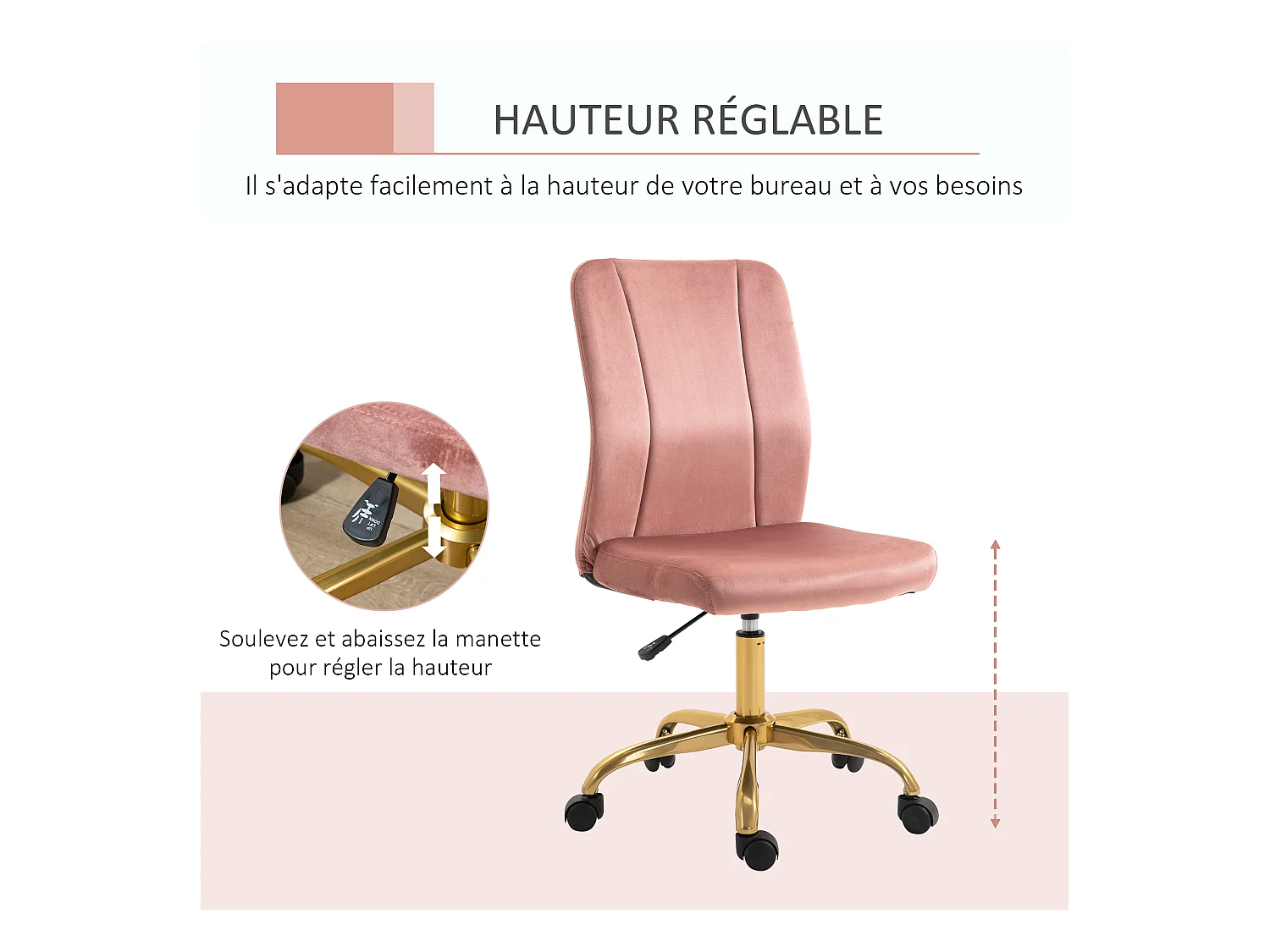 Vinsetto Chaise de bureau style Art déco hauteur réglable pivotante 360° piètement métal doré velours rose poudré