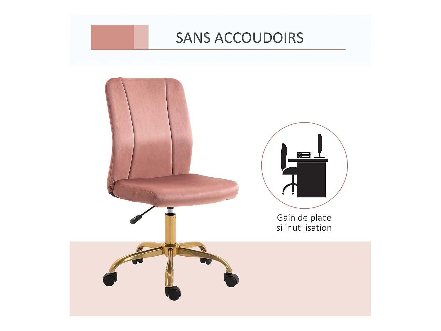 Vinsetto Chaise de bureau style Art déco hauteur réglable pivotante 360° piètement métal doré velours rose poudré
