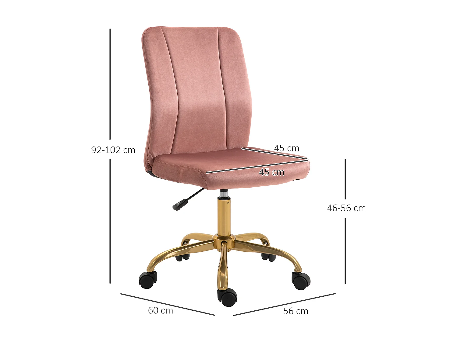 Vinsetto Chaise de bureau style Art déco hauteur réglable pivotante 360° piètement métal doré velours rose poudré