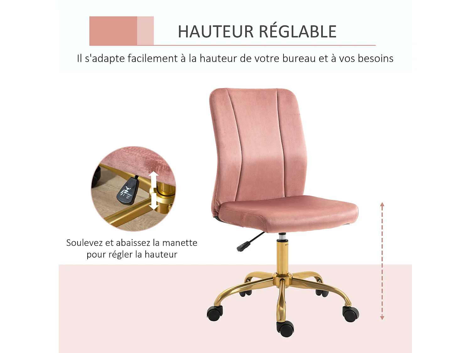 Vinsetto Chaise de bureau style Art déco hauteur réglable pivotante 360° piètement métal doré velours rose poudré