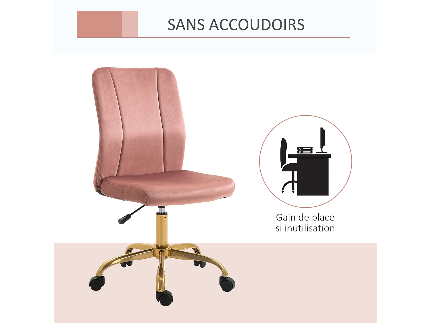 Vinsetto Chaise de bureau style Art déco hauteur réglable pivotante 360° piètement métal doré velours rose poudré