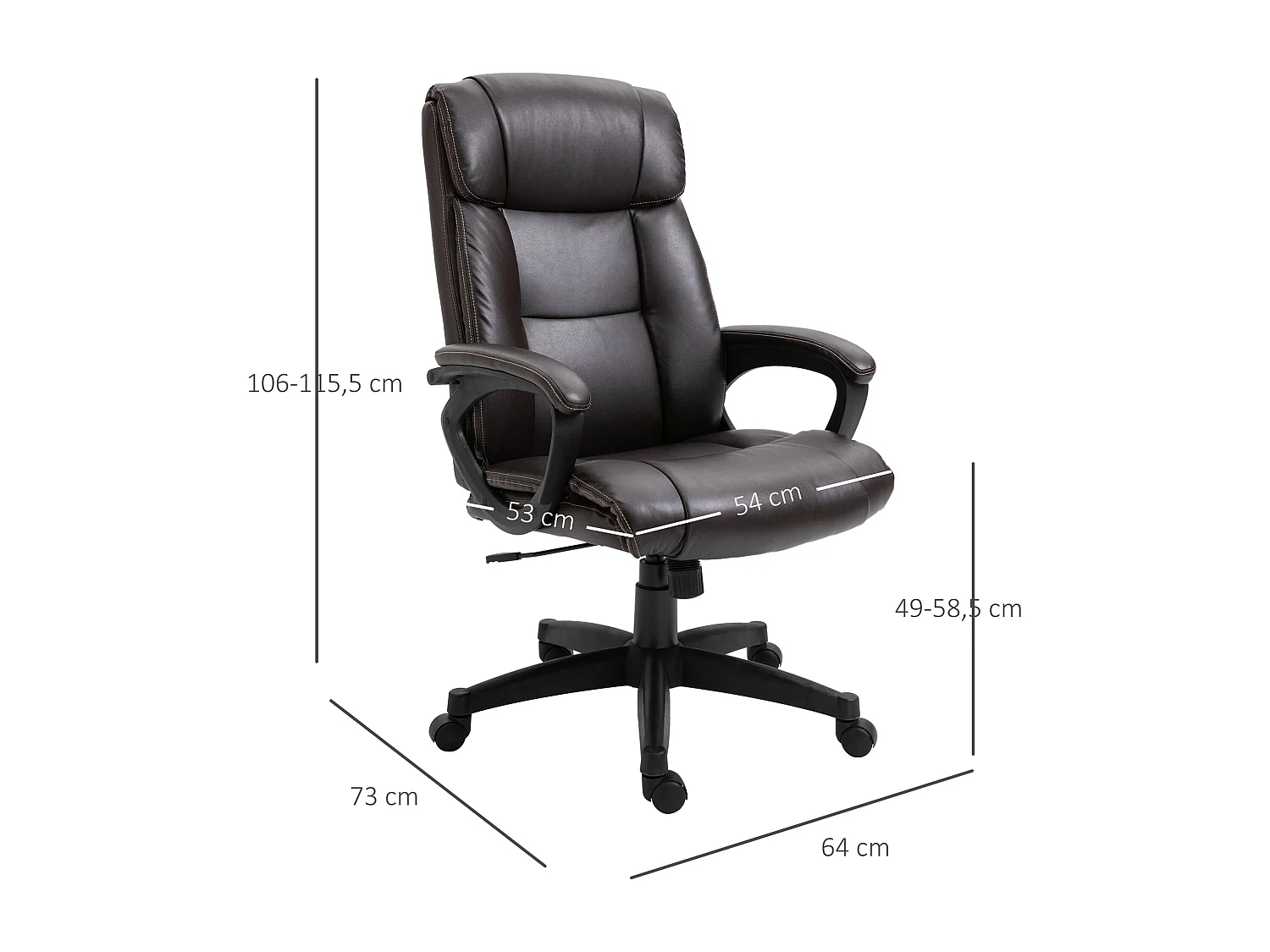 Fauteuil de bureau chaise de bureau ergonomique réglable roulettes pivotant 360° revêtement synthétique PU 64 x 73 x 106-115,5 cm chocolat