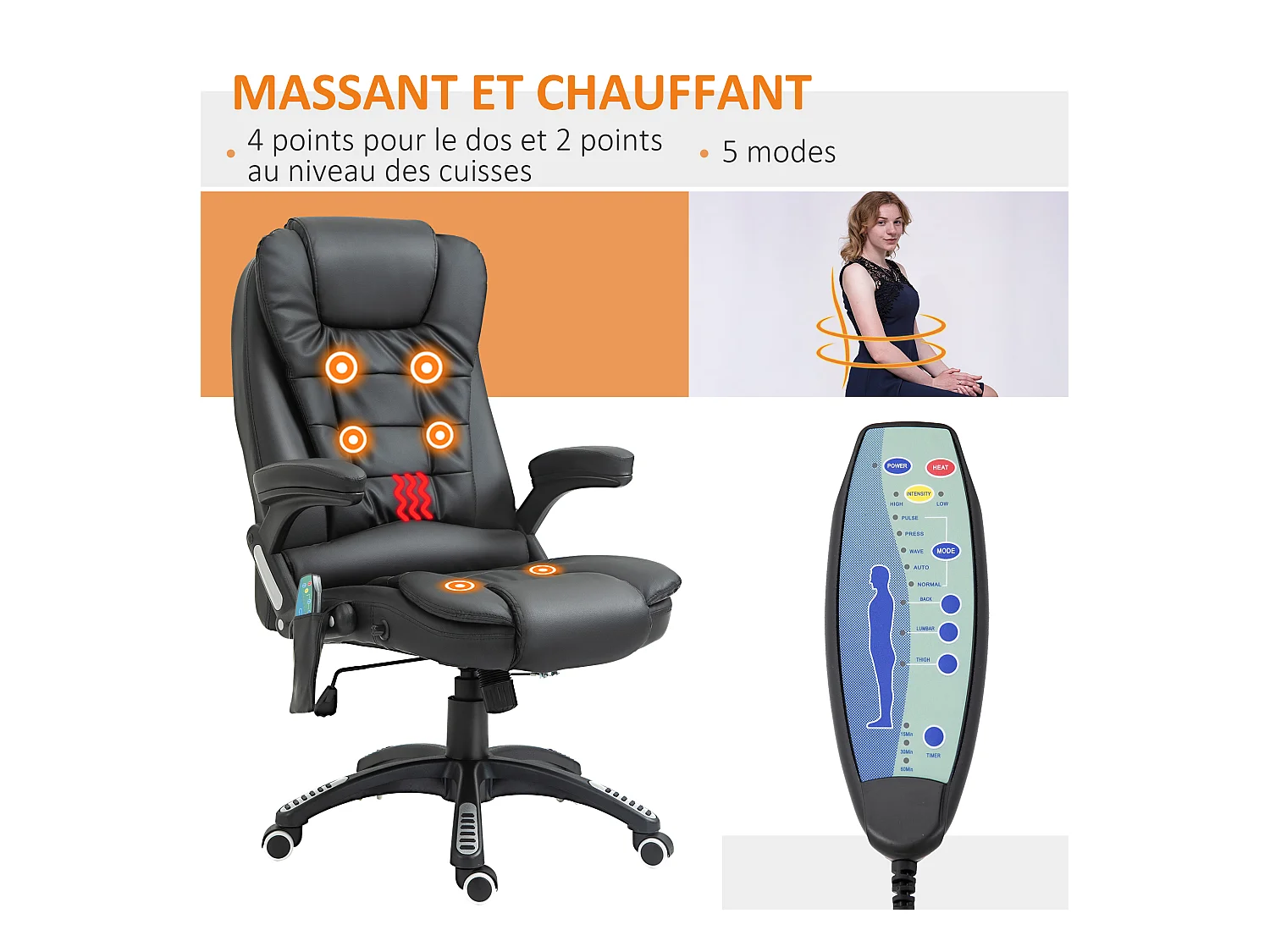Fauteuil de bureau direction pivotant massant chauffant électrique revêtement synthétique noir